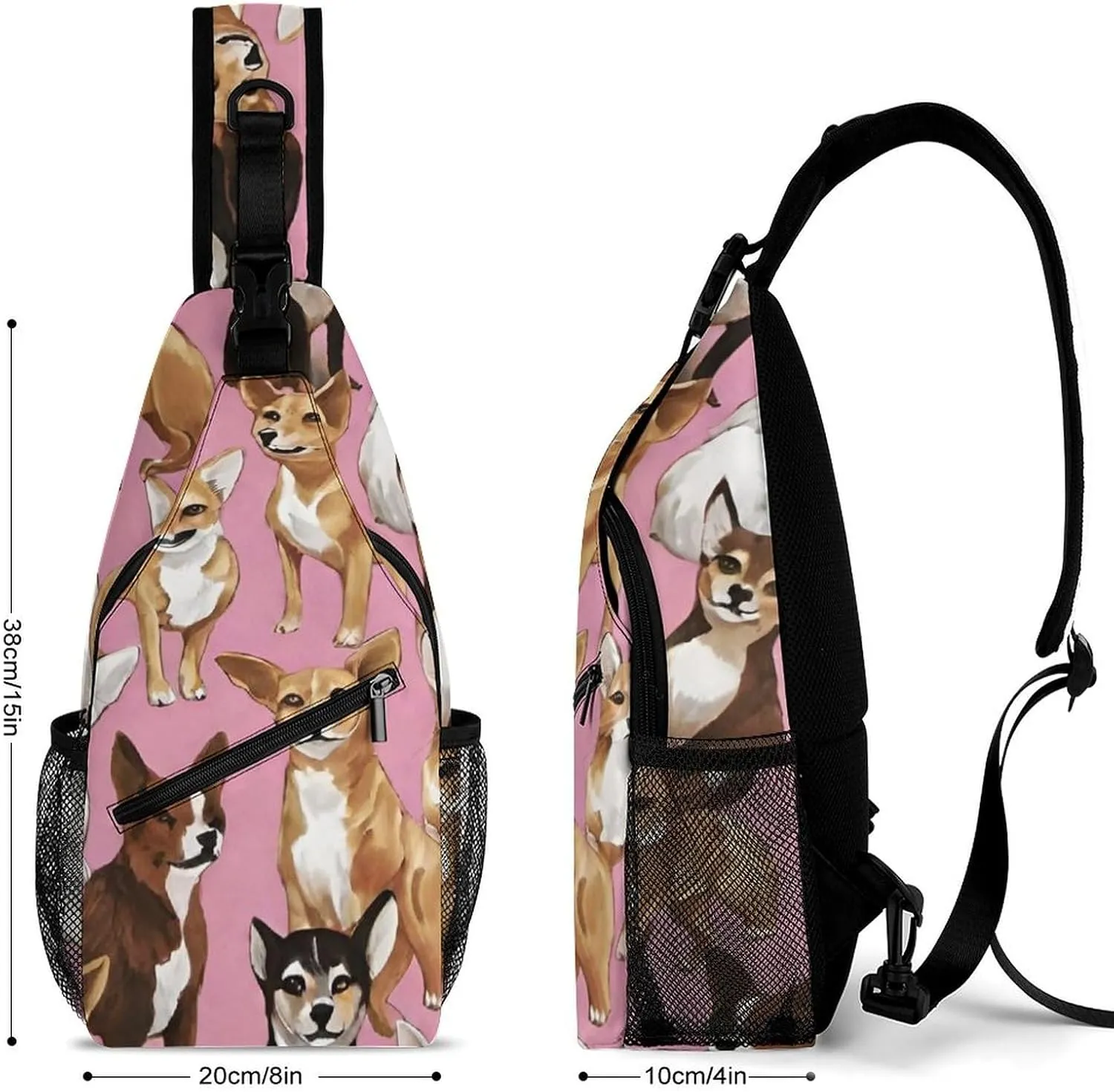 Ultra Lightweight Sling Shoulder Backpack Shoulder Crossbody Bag Chest Pack Multipurpose Anti-Theft Daypack for Outdoors Camping Hiking Trekking, Chiwawas Dog Pink Art
