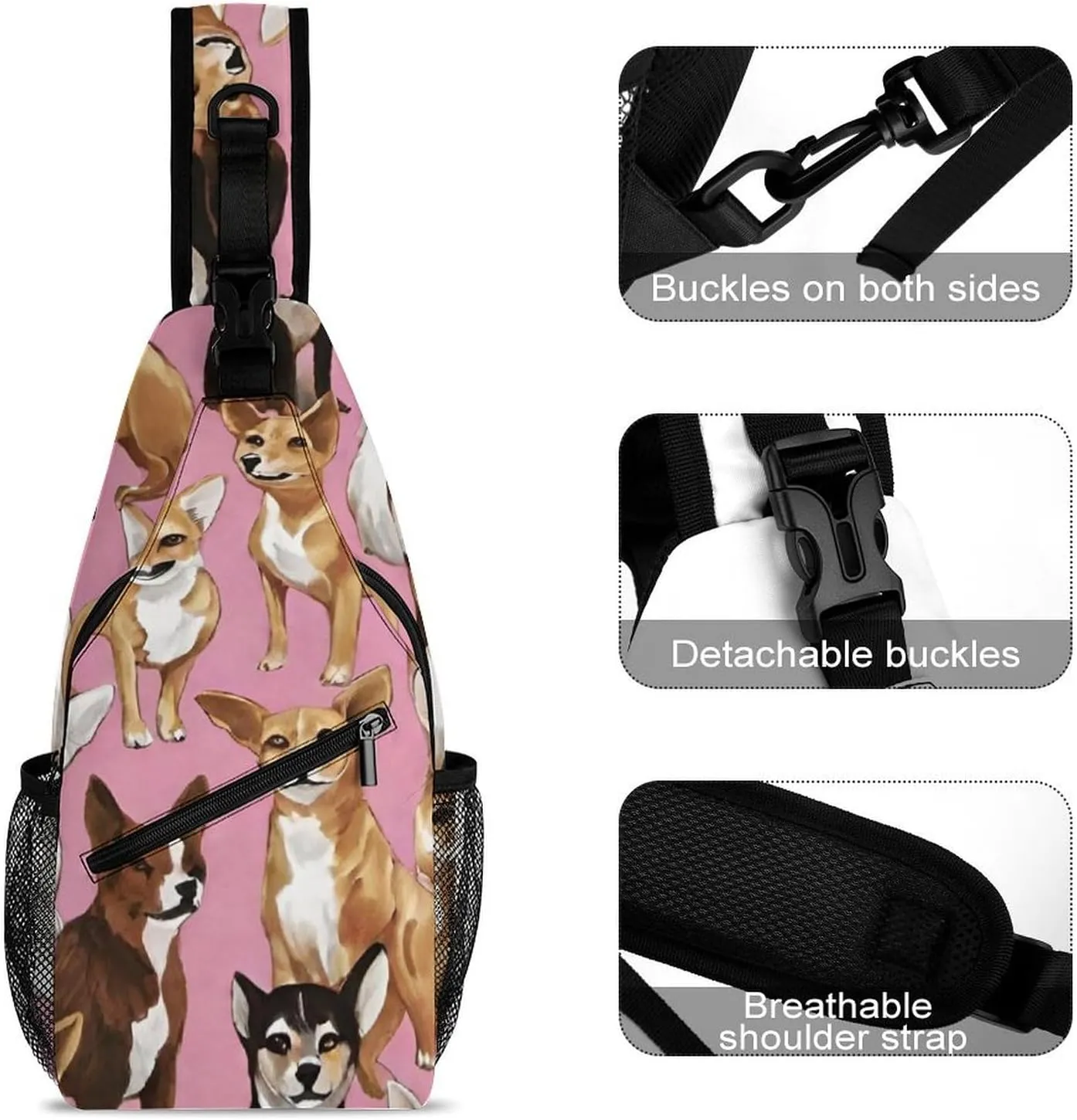 Ultra Lightweight Sling Shoulder Backpack Shoulder Crossbody Bag Chest Pack Multipurpose Anti-Theft Daypack for Outdoors Camping Hiking Trekking, Chiwawas Dog Pink Art