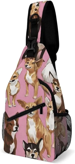 Ultra Lightweight Sling Shoulder Backpack Shoulder Crossbody Bag Chest Pack Multipurpose Anti-Theft Daypack for Outdoors Camping Hiking Trekking, Chiwawas Dog Pink Art