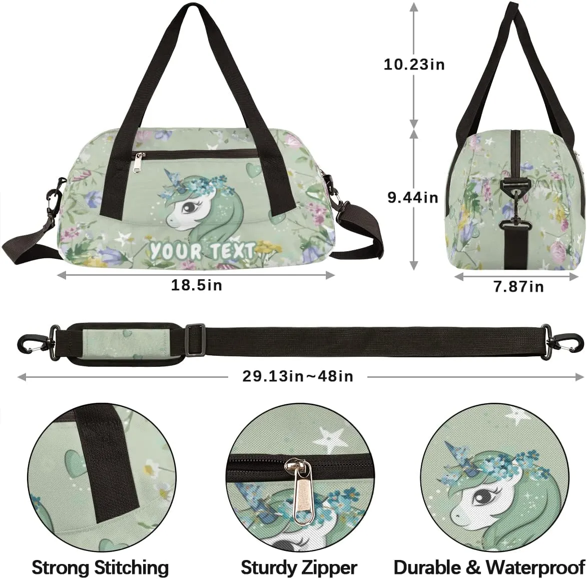 Unicorn Flowers Love Personalized Kids Duffel Bag for Girls Boys, bushes Customized Dance Bag Overnight Small Duffel Bag Carry On Weekend Sports Gym Travel Bag for School Practice Gymnastics Ballet