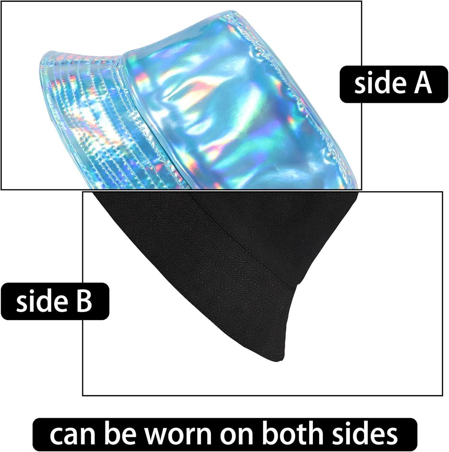 Unisex Black Bucket Hat Waterproof Rain Hat Reversible Shiny Rave Bucket Hat for Concert Festival