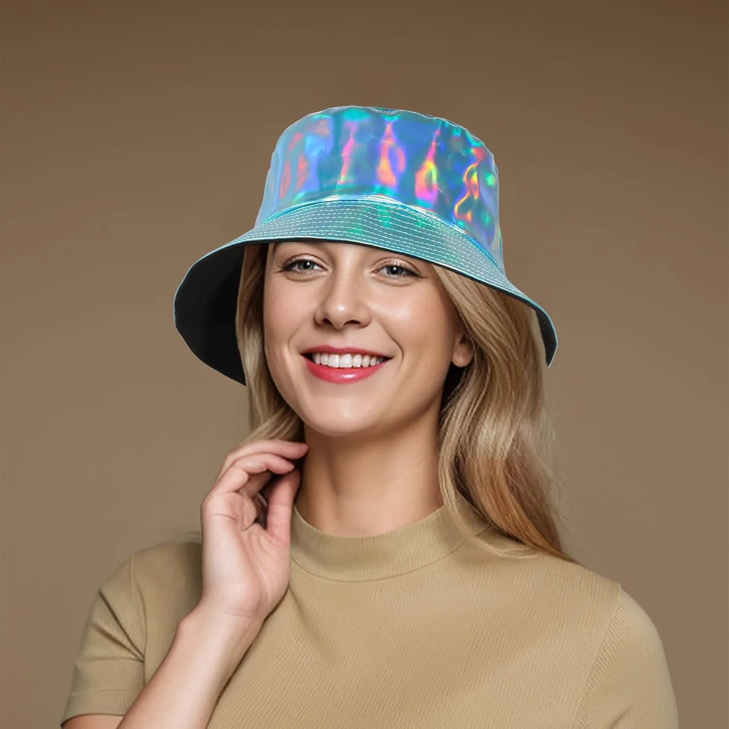 Unisex Black Bucket Hat Waterproof Rain Hat Reversible Shiny Rave Bucket Hat for Concert Festival