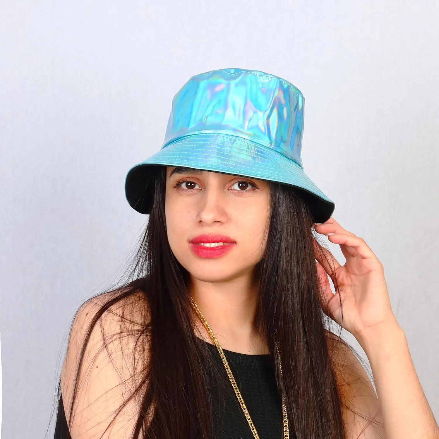 Unisex Black Bucket Hat Waterproof Rain Hat Reversible Shiny Rave Bucket Hat for Concert Festival