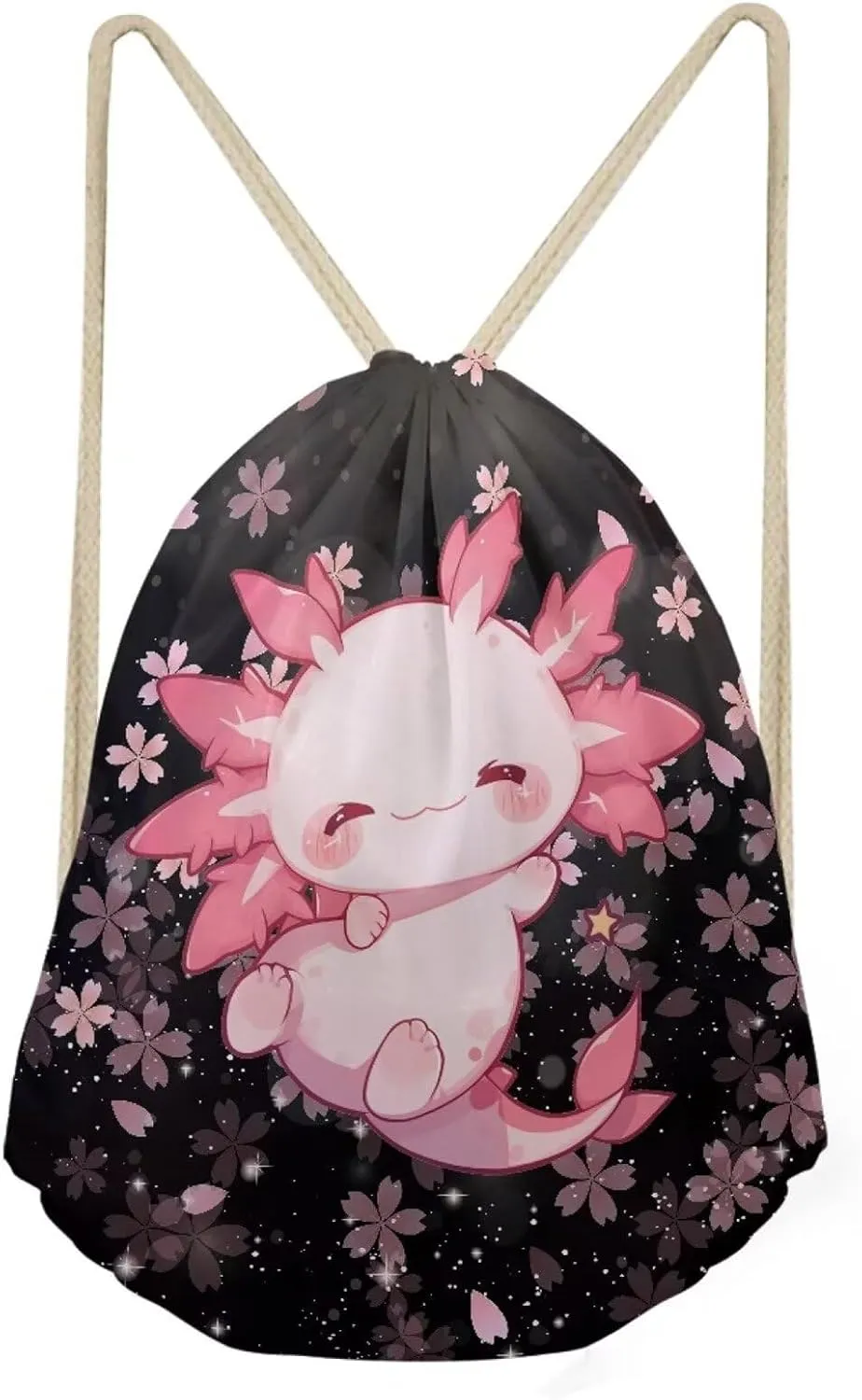 Upetstory Kawaii Axolotl Drawstring Backpack Cherry Blossom Draw String Bag for Women Teen Girls Kids Sports Bag Beach Cinch Sackpack Gymnastics Outdoor Travel Holiday Daypack