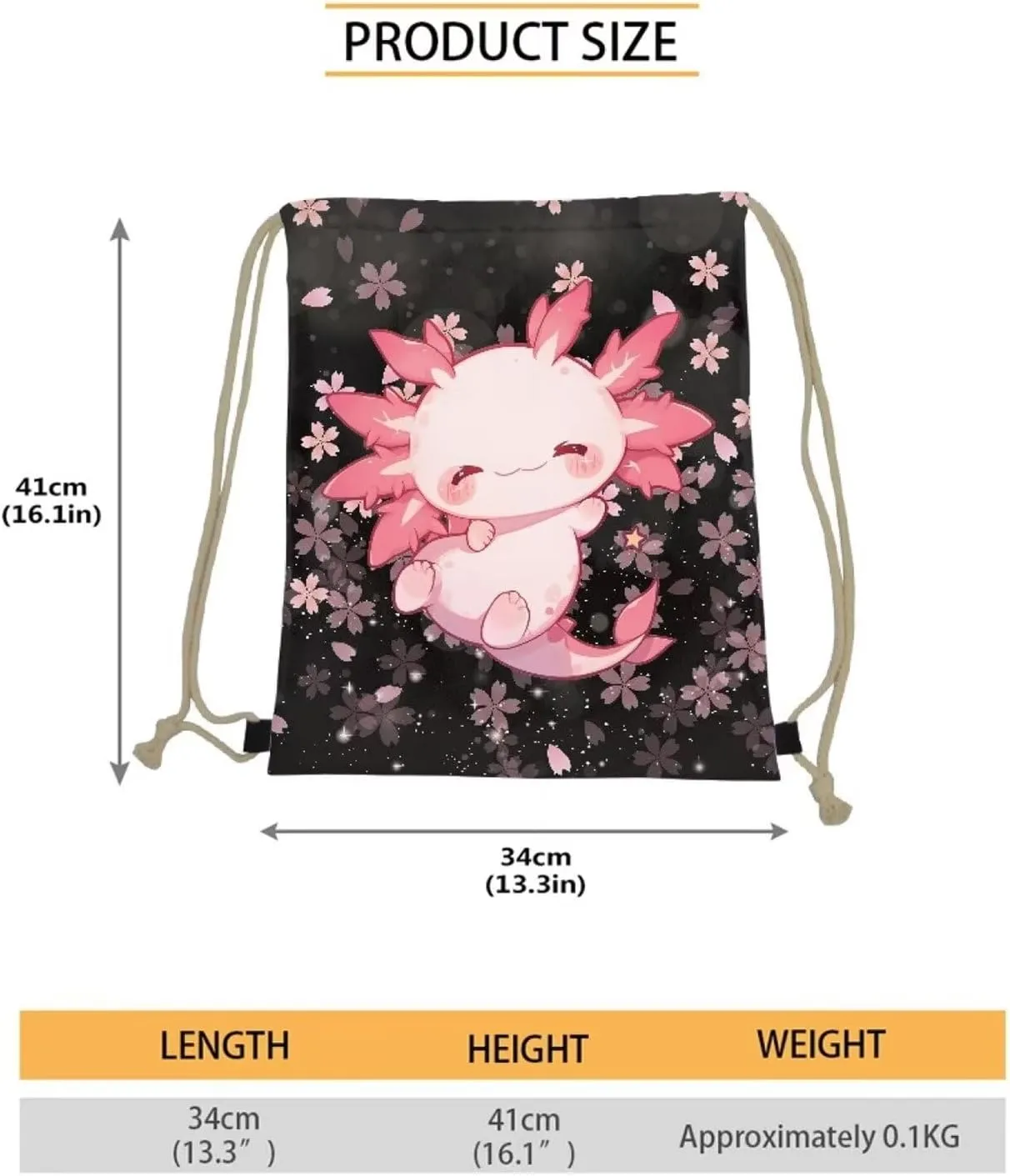 Upetstory Kawaii Axolotl Drawstring Backpack Cherry Blossom Draw String Bag for Women Teen Girls Kids Sports Bag Beach Cinch Sackpack Gymnastics Outdoor Travel Holiday Daypack
