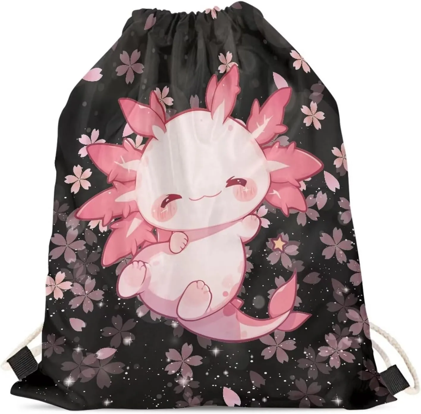 Upetstory Kawaii Axolotl Drawstring Backpack Cherry Blossom Draw String Bag for Women Teen Girls Kids Sports Bag Beach Cinch Sackpack Gymnastics Outdoor Travel Holiday Daypack