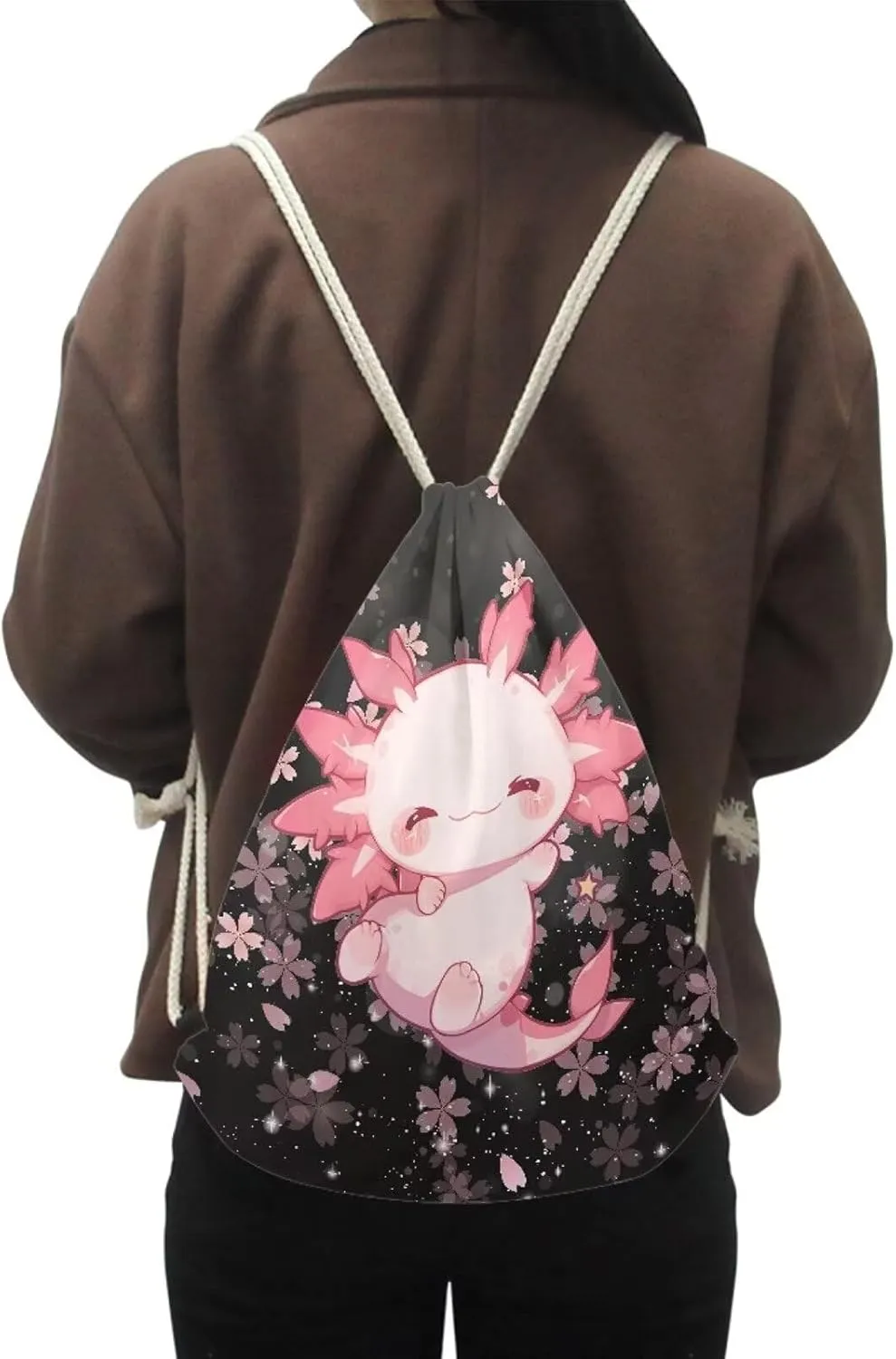 Upetstory Kawaii Axolotl Drawstring Backpack Cherry Blossom Draw String Bag for Women Teen Girls Kids Sports Bag Beach Cinch Sackpack Gymnastics Outdoor Travel Holiday Daypack