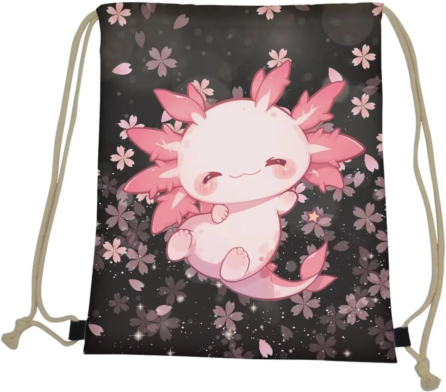 Upetstory Kawaii Axolotl Drawstring Backpack Cherry Blossom Draw String Bag for Women Teen Girls Kids Sports Bag Beach Cinch Sackpack Gymnastics Outdoor Travel Holiday Daypack