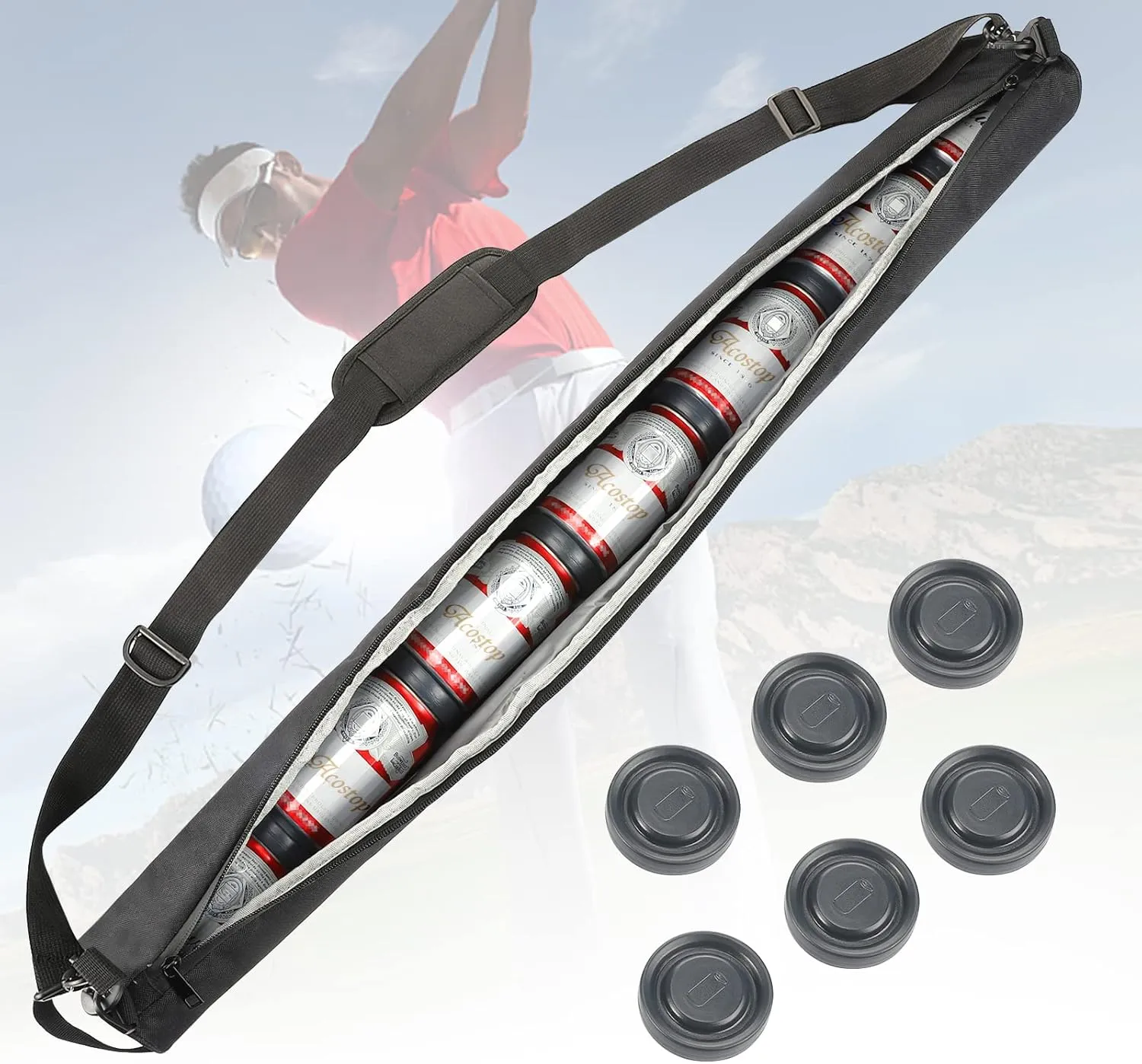 Upgraded Golf Beer Sleeve with 6 Ice Pucks-7 Cans Beer Cooler Sleeves for Golf Bags, Great Gift for Men Golfers Accessories