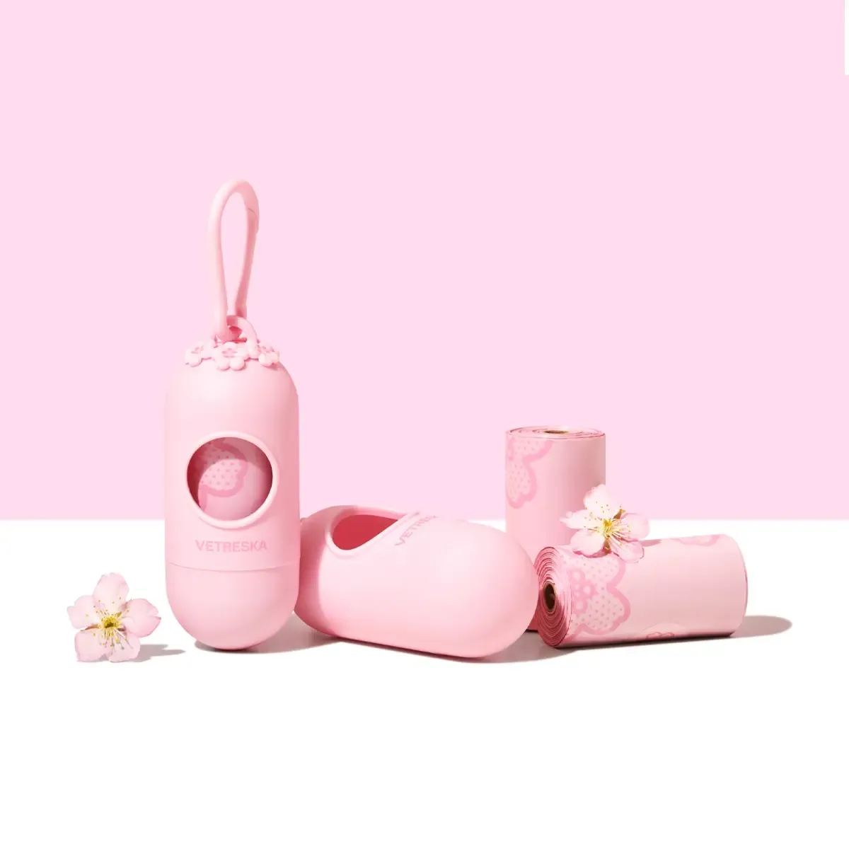 Vetreska - Cherry Blossom Pet Poop Bags & Dispenser Set (1 Dispenser   7 Rolls)