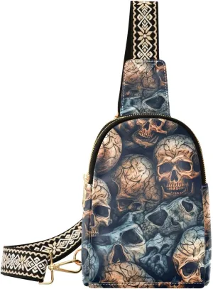 Vintage Skulls Pile Print Women Sling Bag with Adjustable Strap Zipper Closure, PU Leather Water Resistant Crossbody Bag Purse Chest Bag