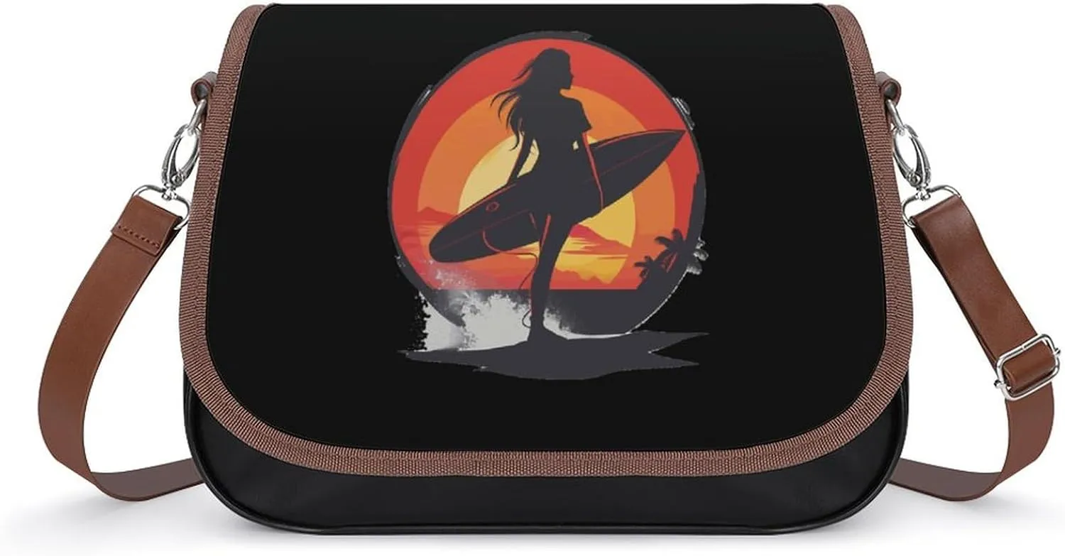 Vintage Sunset Surfing Women with Surfboard Crossbody Bags for Women Trendy Shoulder Satchel Purses Messenger Bag