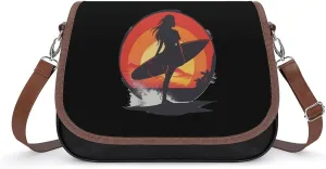 Vintage Sunset Surfing Women with Surfboard Crossbody Bags for Women Trendy Shoulder Satchel Purses Messenger Bag