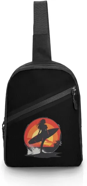 Vintage Sunset Surfing Women with Surfboard Sling Backpack Crossbody Shoulder Bag Casual Chest Bag Travel Hiking Daypack