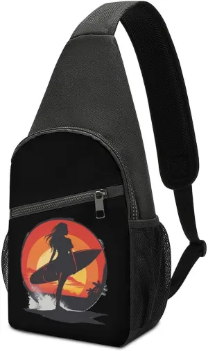 Vintage Sunset Surfing Women with Surfboard Sling Bag Travel Daypack Crossbody Shoulder Backpack for Hiking Cycling
