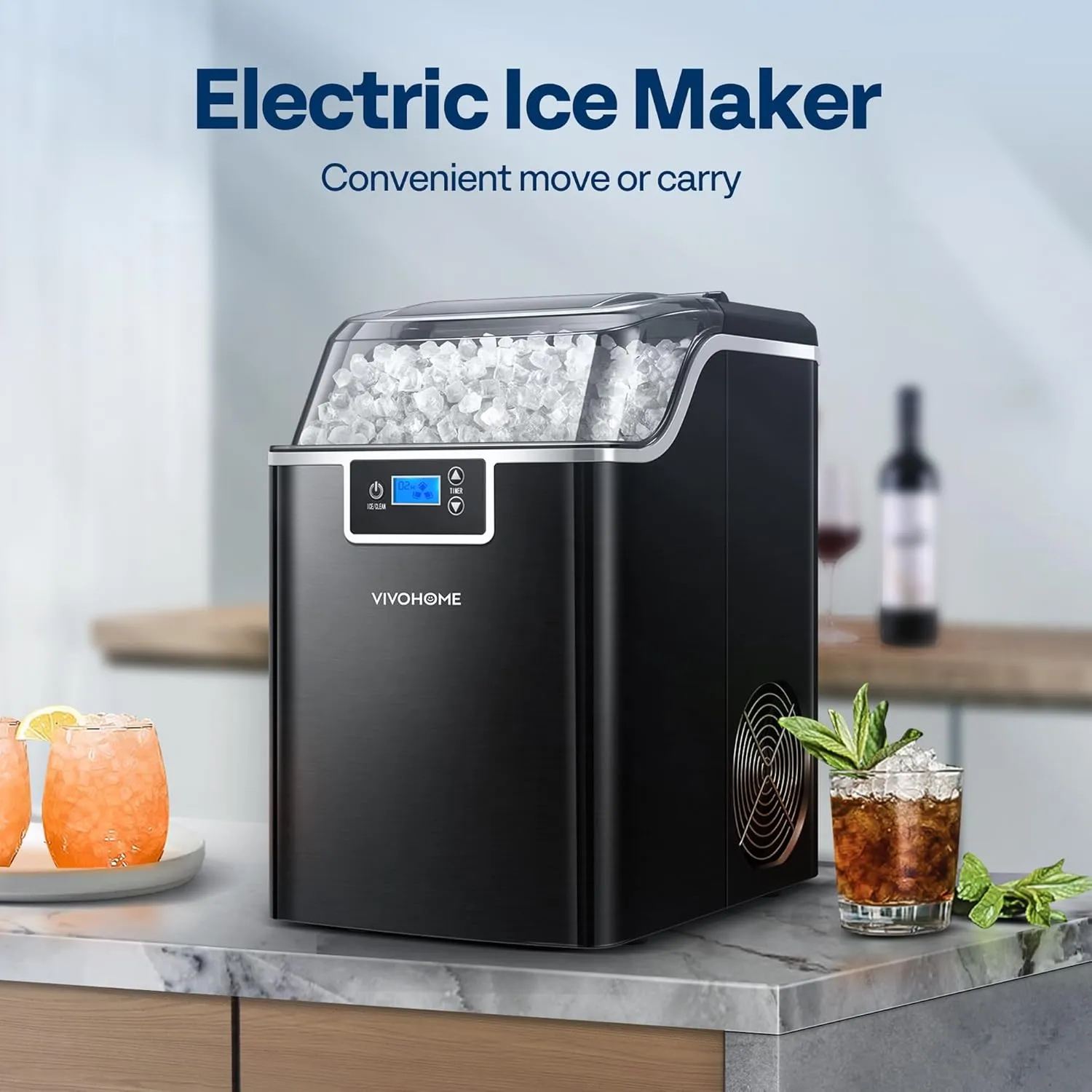 VIVOHOME Nugget Ice Maker Countertop, Portable Pebble Ice Maker Machine with 44lbs/Day, Soft Chewable Pellet Ice Machine with Self-Cleaning, Scoop, 10 Ice Bags, for Home Kitchen, Party, RV, Camping