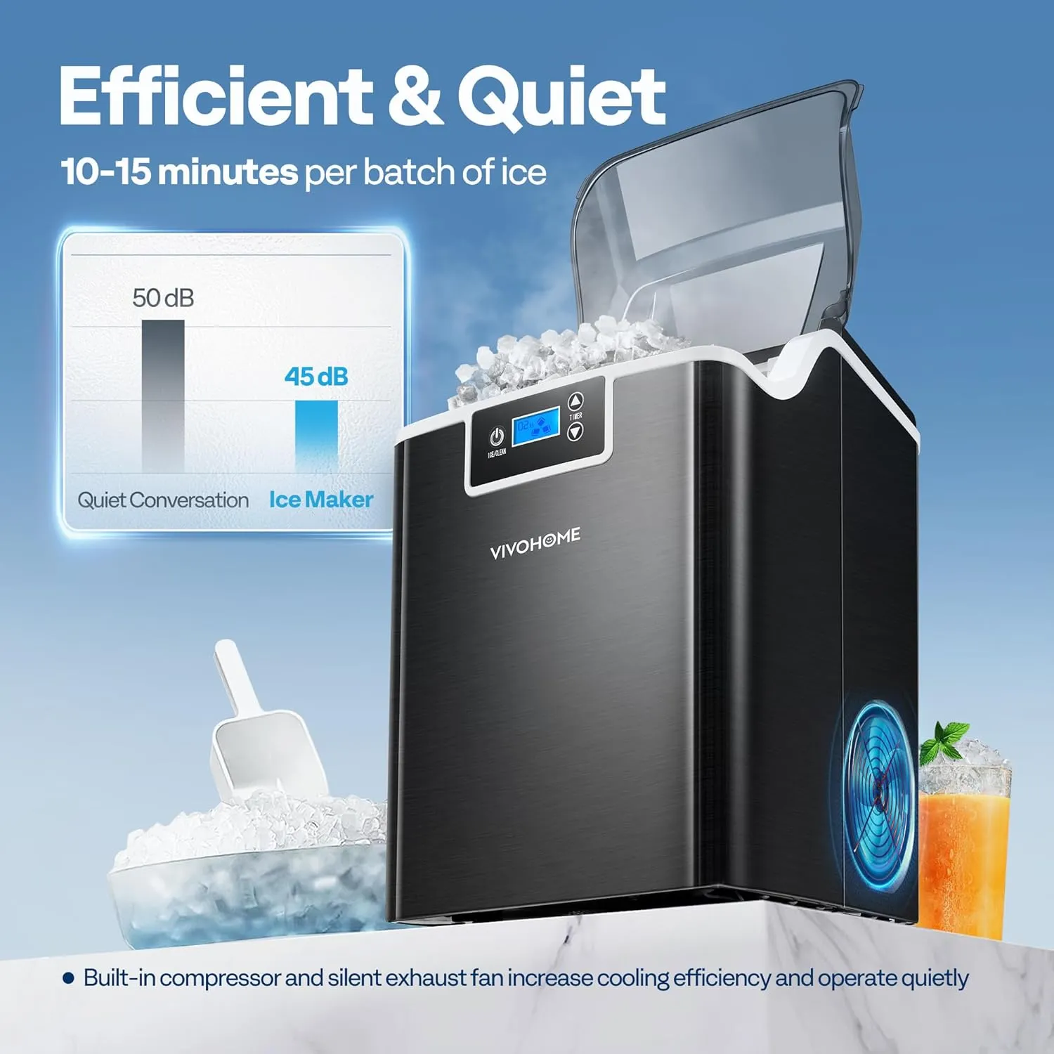 VIVOHOME Nugget Ice Maker Countertop, Portable Pebble Ice Maker Machine with 44lbs/Day, Soft Chewable Pellet Ice Machine with Self-Cleaning, Scoop, 10 Ice Bags, for Home Kitchen, Party, RV, Camping