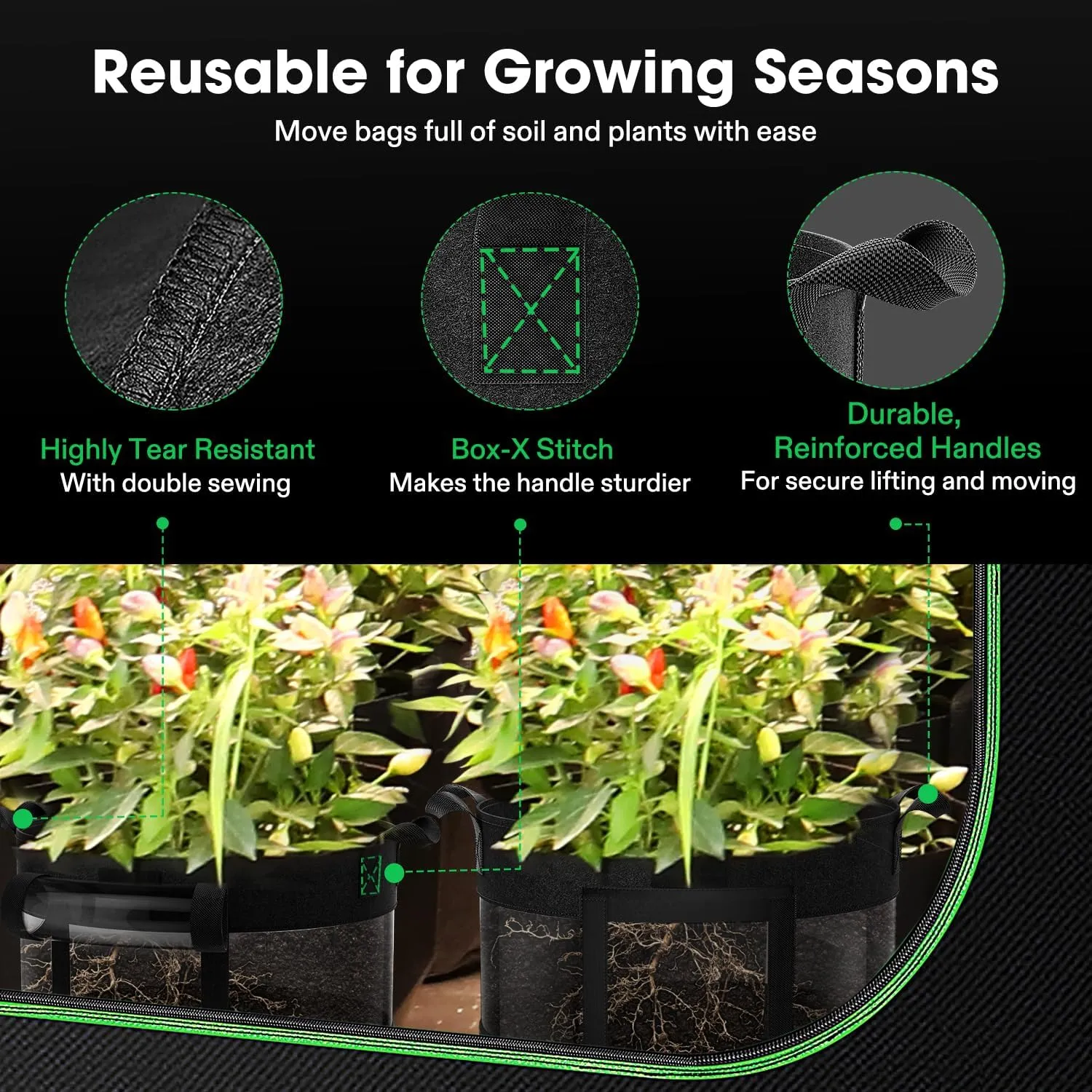 VIVOSUN 5-Pack 10 Gallon Potato Grow Bags, Thick Fabric Pots with 360 Visibility & Harvest Window, Black