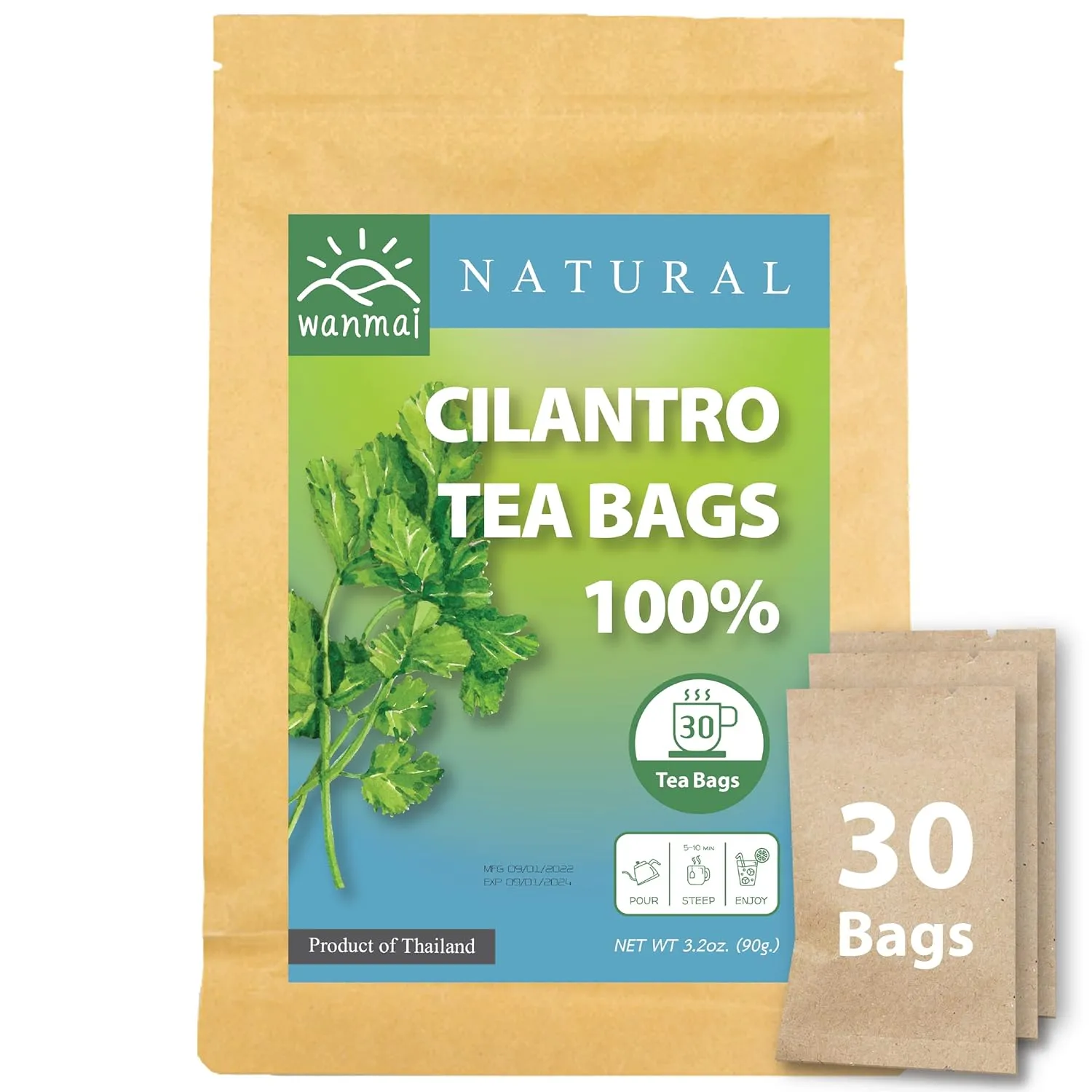 WANMAI29 Cilantro Tea Bags, 30-Count, Natural Sugar Free Drink, Supports Vegan and Ketogenic Diets, No Caffeine or Harsh Additives, 100% Real Herb in Kraft Steeping Bag