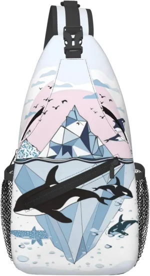 Watercolor Whale Sling Bag for women and Men, Iceberg Sea Crossbody Chest Bag Water Resistant, Lightweight Sling Purse for Travel Hiking Gym Everyday Use