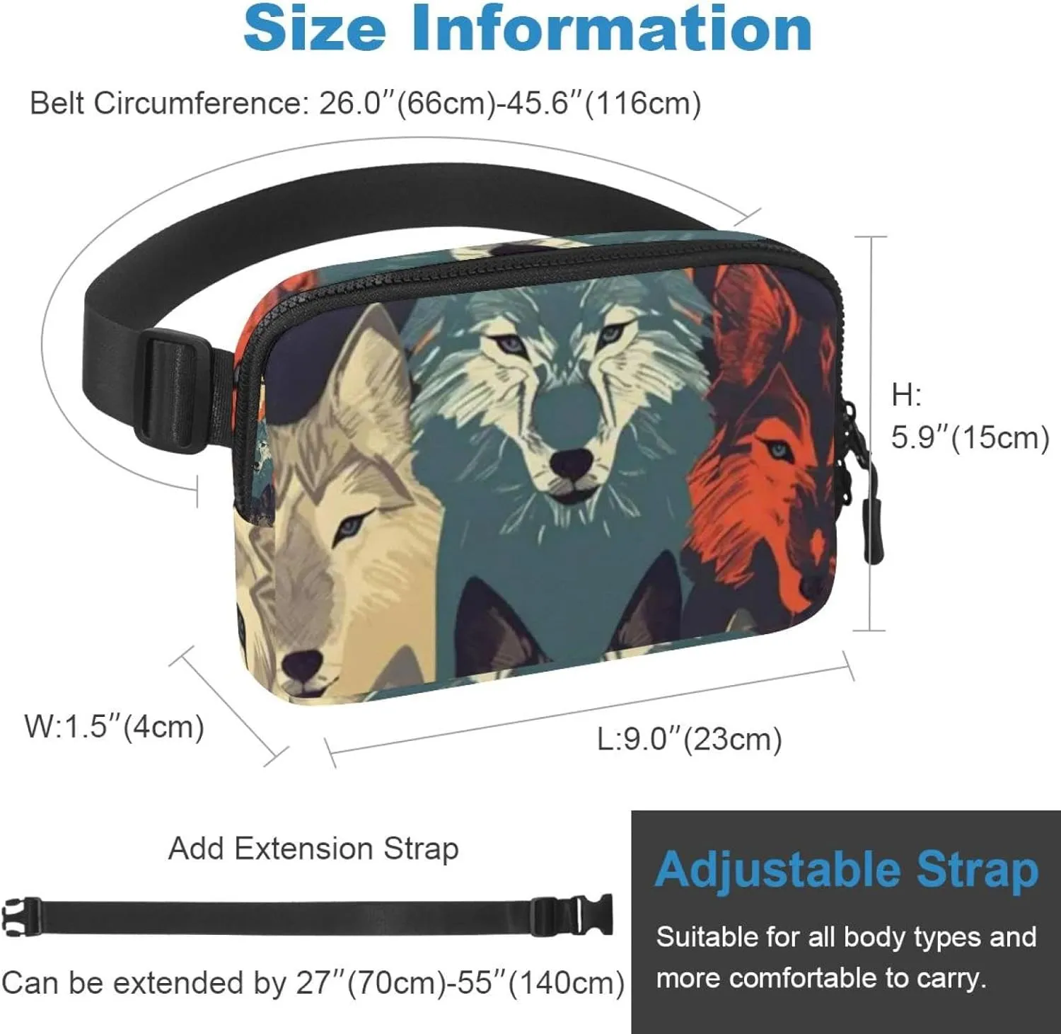 Waterproof Fanny Pack Black Belt Bag with Adjustable Strap for Women and Men,Painting Wolf Crossbody Fanny Bag with Zipper for Hiking Running Travel