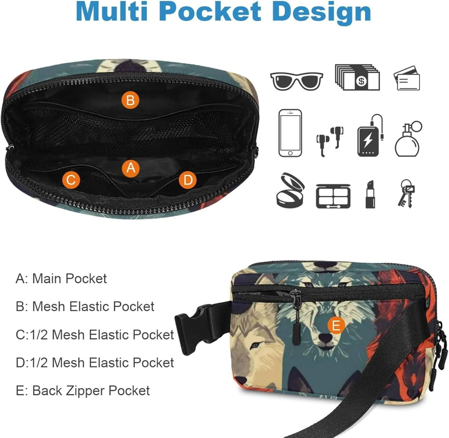 Waterproof Fanny Pack Black Belt Bag with Adjustable Strap for Women and Men,Painting Wolf Crossbody Fanny Bag with Zipper for Hiking Running Travel