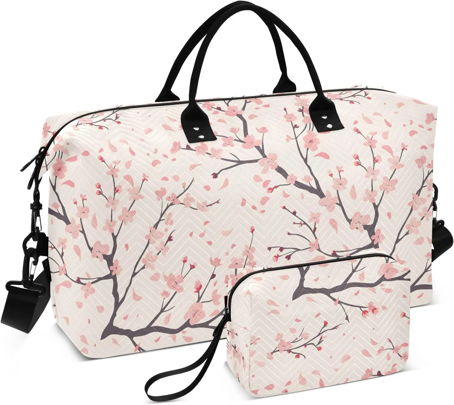 Weekender Bags Travel Duffel Gym Bag Seamless Cherry Blossom Pattern with Soft Pink Branches and Petals Carry on Overnight Tote Bag with Toiletry Bag for Airplane Travel Trip Gym Yoga