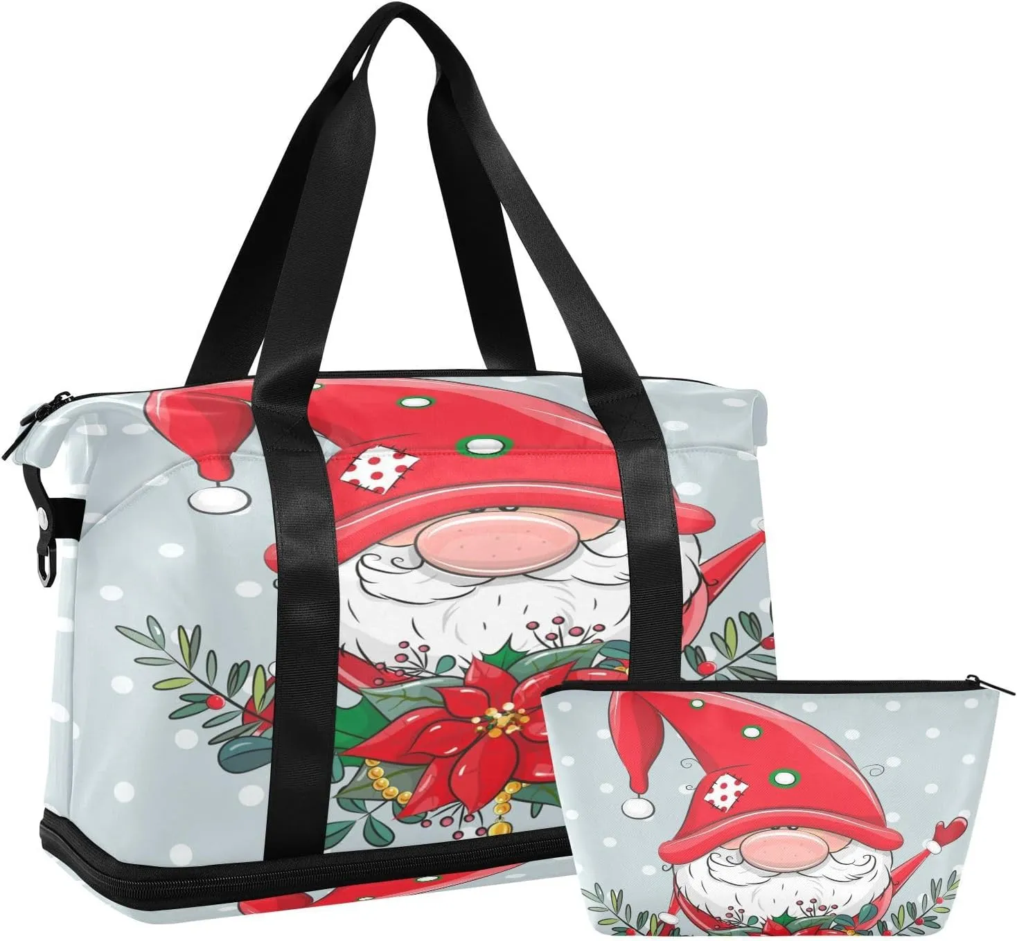 Weekender Overnight Bags for Women Christmas Wreath Gnome Travel Duffel Bag with Shoe Compartments Snowfall Winter Floral Gym Duffel Bag with Toiletry Bag for Travel Sport Yoga 17 Inch