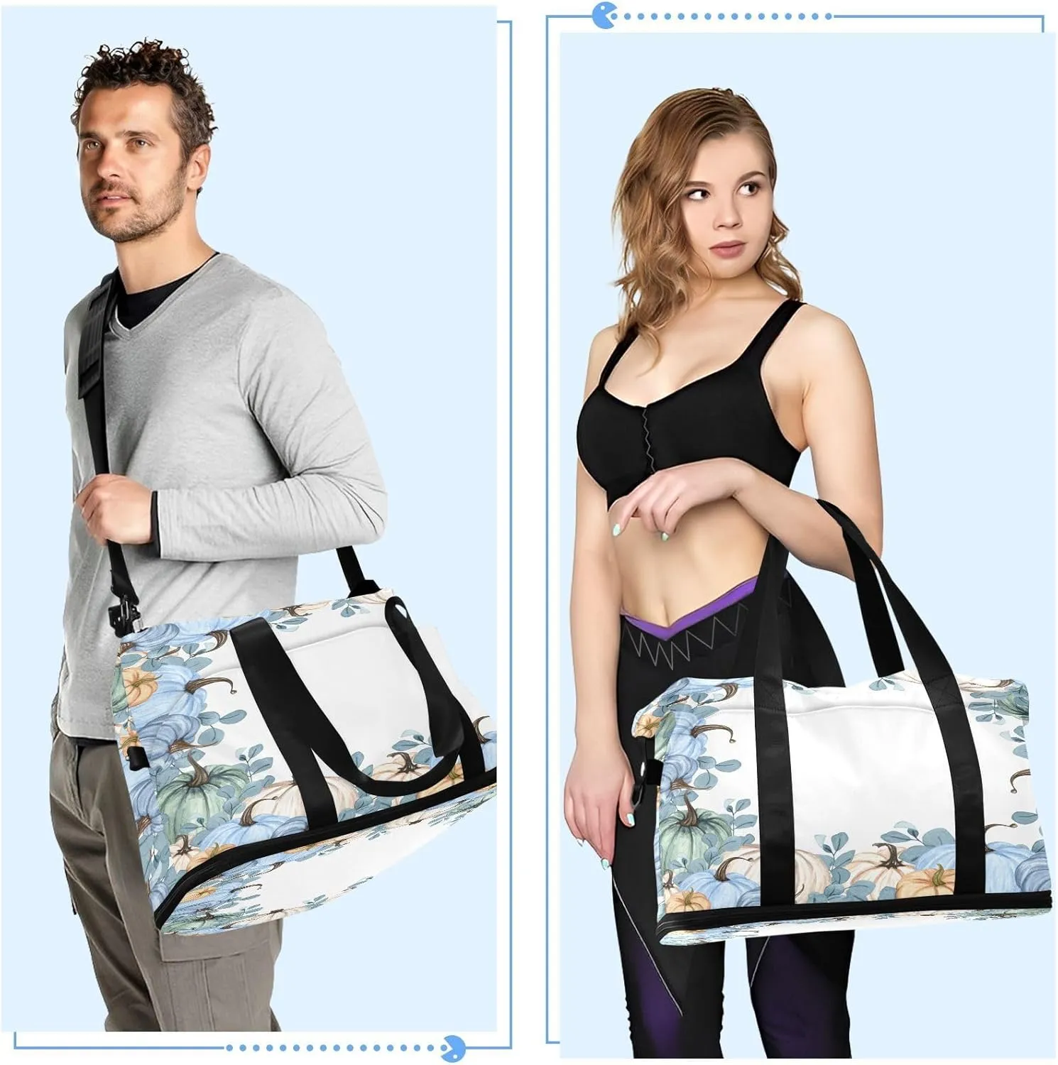 Weekender Overnight Bags for Women Pumpkins Blue Fall Travel Duffel Bag with Shoe Compartments Autumn Harvest Thanksgiving Watercolor Gym Duffel Bag with Toiletry Bag for Travel Sport Yoga 17 Inch