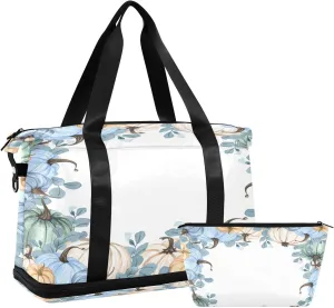 Weekender Overnight Bags for Women Pumpkins Blue Fall Travel Duffel Bag with Shoe Compartments Autumn Harvest Thanksgiving Watercolor Gym Duffel Bag with Toiletry Bag for Travel Sport Yoga 17 Inch