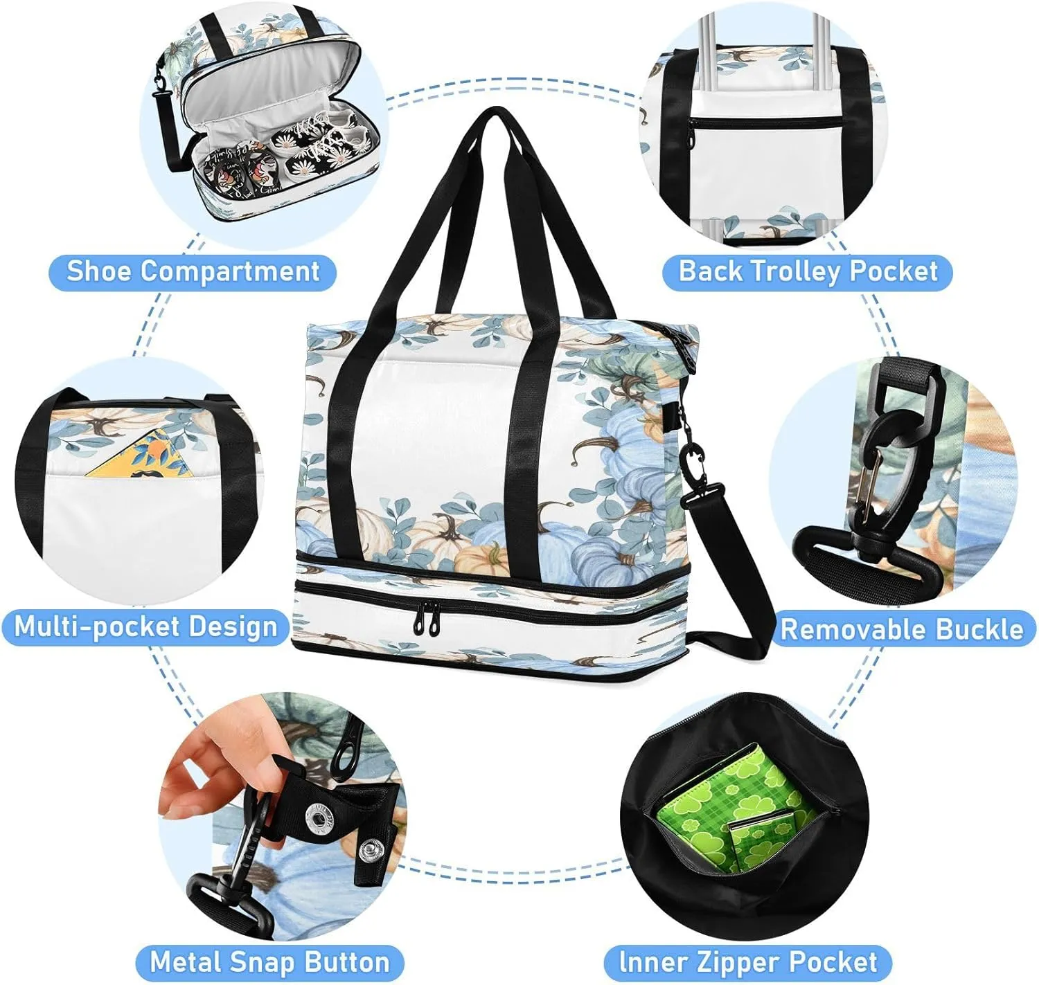 Weekender Overnight Bags for Women Pumpkins Blue Fall Travel Duffel Bag with Shoe Compartments Autumn Harvest Thanksgiving Watercolor Gym Duffel Bag with Toiletry Bag for Travel Sport Yoga 17 Inch