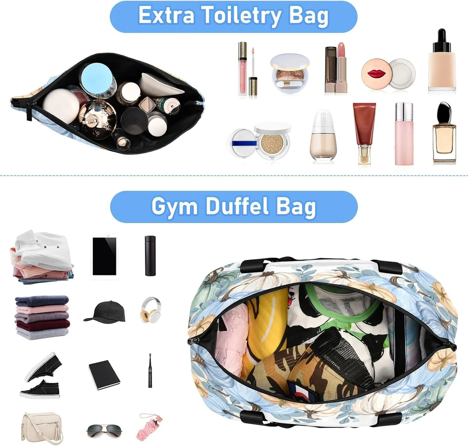 Weekender Overnight Bags for Women Pumpkins Blue Fall Travel Duffel Bag with Shoe Compartments Autumn Harvest Thanksgiving Watercolor Gym Duffel Bag with Toiletry Bag for Travel Sport Yoga 17 Inch