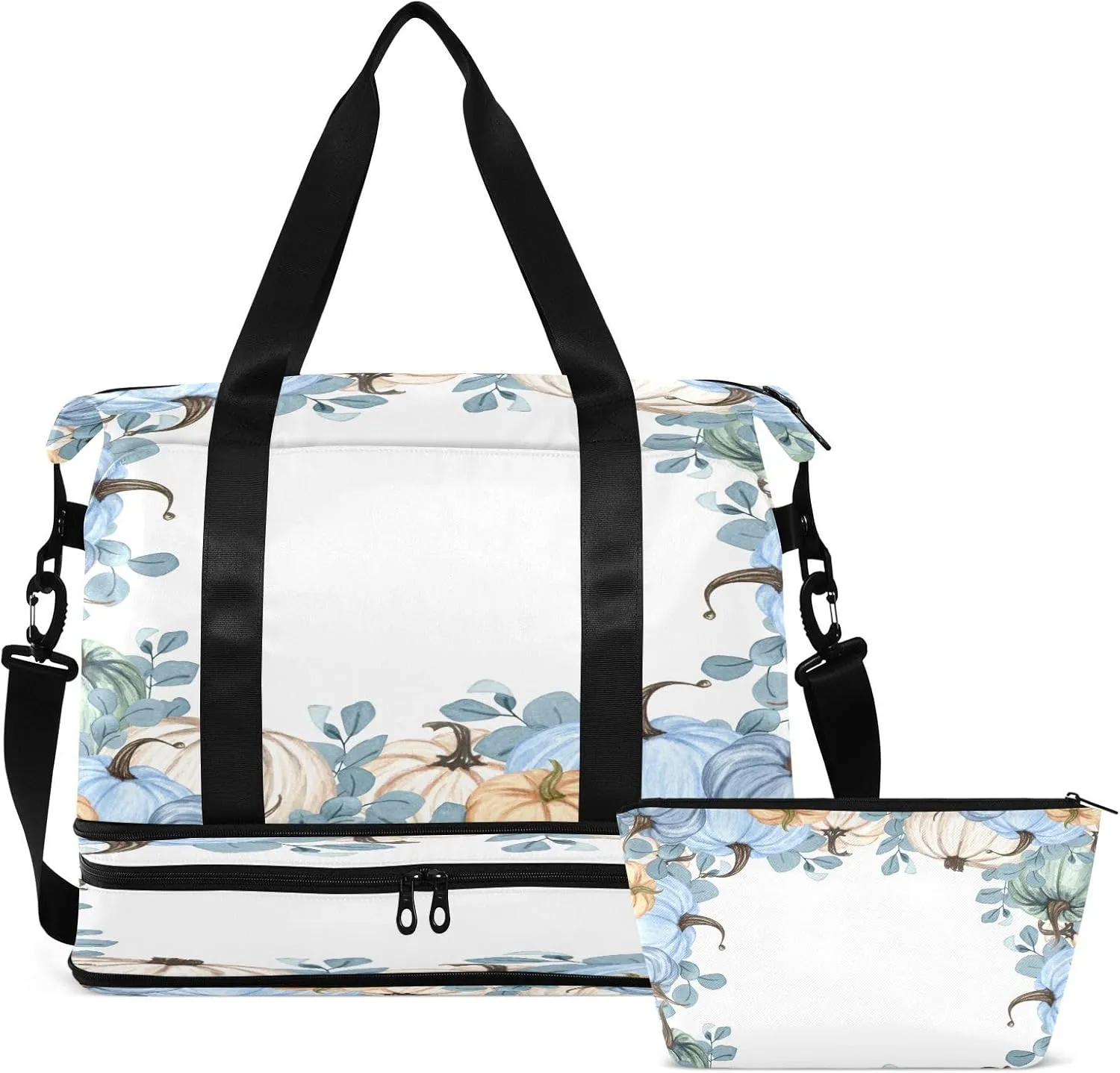 Weekender Overnight Bags for Women Pumpkins Blue Fall Travel Duffel Bag with Shoe Compartments Autumn Harvest Thanksgiving Watercolor Gym Duffel Bag with Toiletry Bag for Travel Sport Yoga 17 Inch