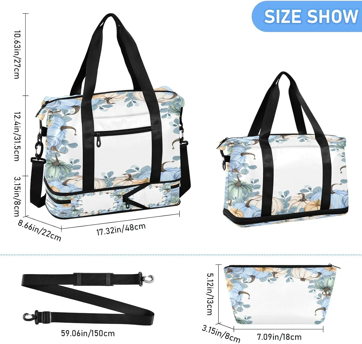 Weekender Overnight Bags for Women Pumpkins Blue Fall Travel Duffel Bag with Shoe Compartments Autumn Harvest Thanksgiving Watercolor Gym Duffel Bag with Toiletry Bag for Travel Sport Yoga 17 Inch