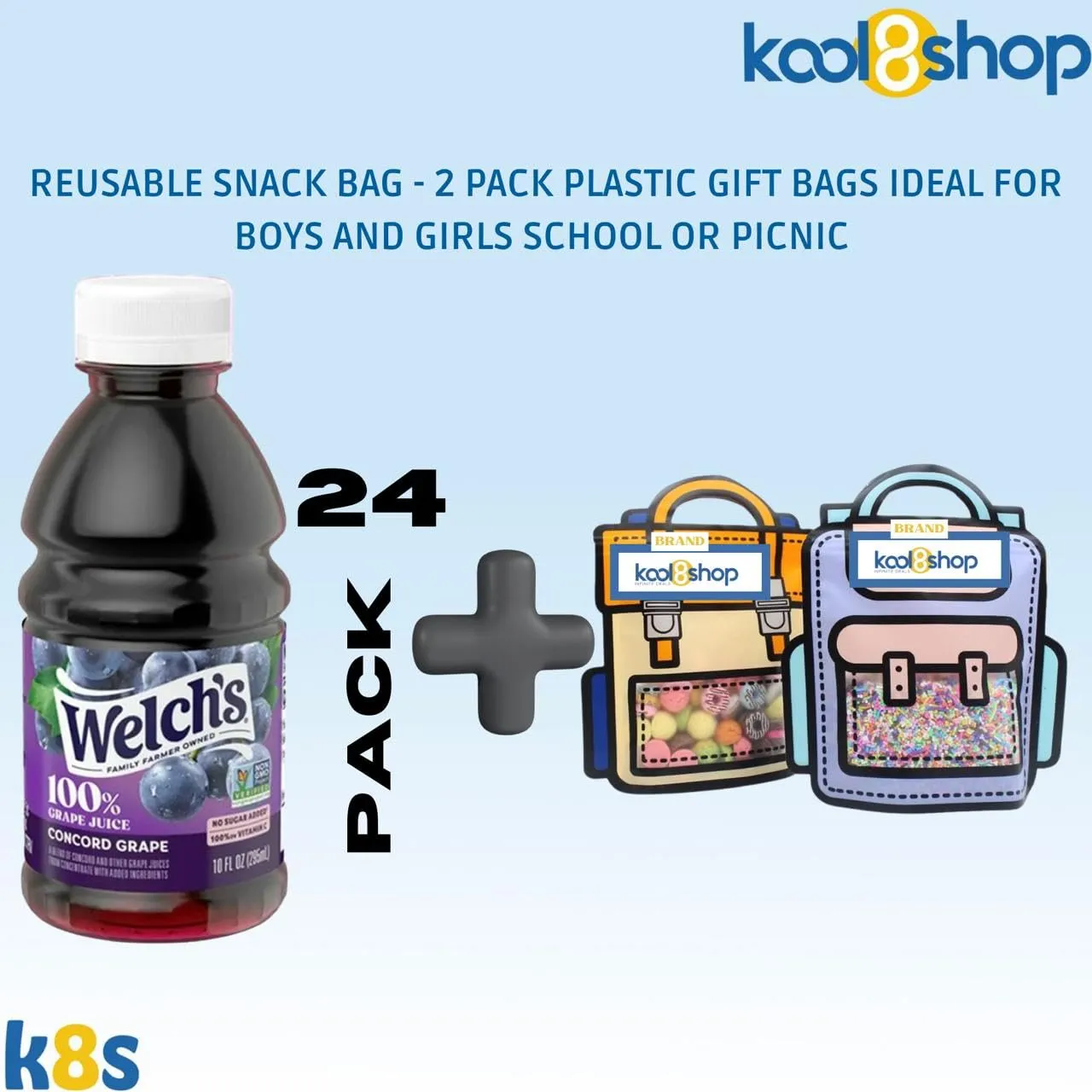 Welch’s 100% Concord Grape Juice Drink 10 fl oz Plastic Bottle 24 Pack   2 Reusable Snack Bags by KOOL8SHOP Infinite Deals