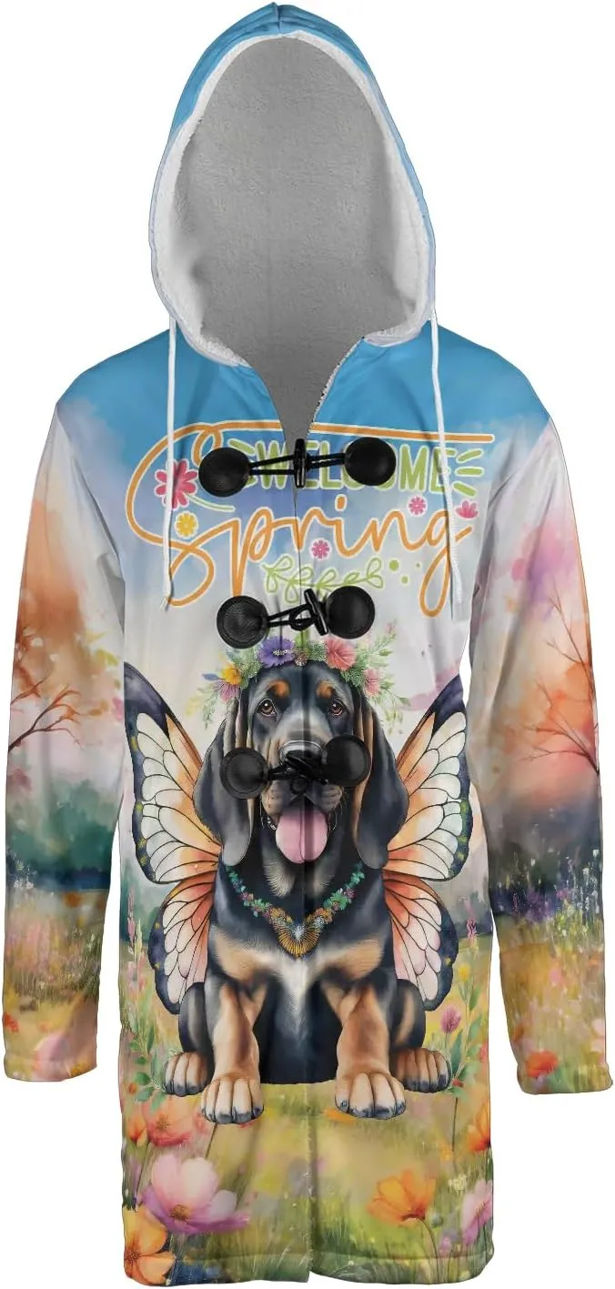 Welcome Spring Fairy Bloodhound in Flower Meadow All Over Print 3D Hooded Duffle Toggle Coat Dog Lover 13002