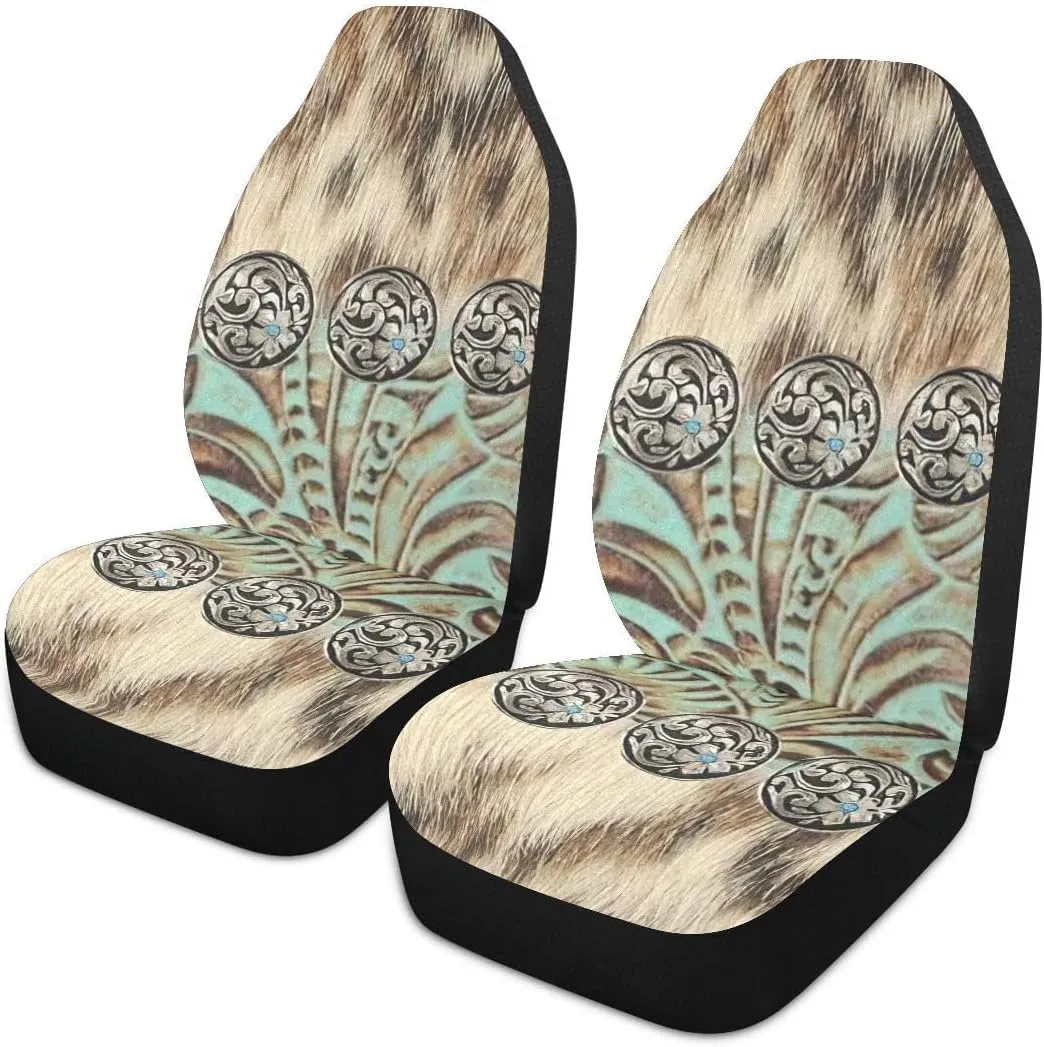 Western Car Seat Covers Set of 2,Rustic Brown Beige Teal Western Country Cowboy Tooled Leather Universal Auto Front Seat Cushion Protector for Women Men Cool Car Accessories Fit for Car Truck