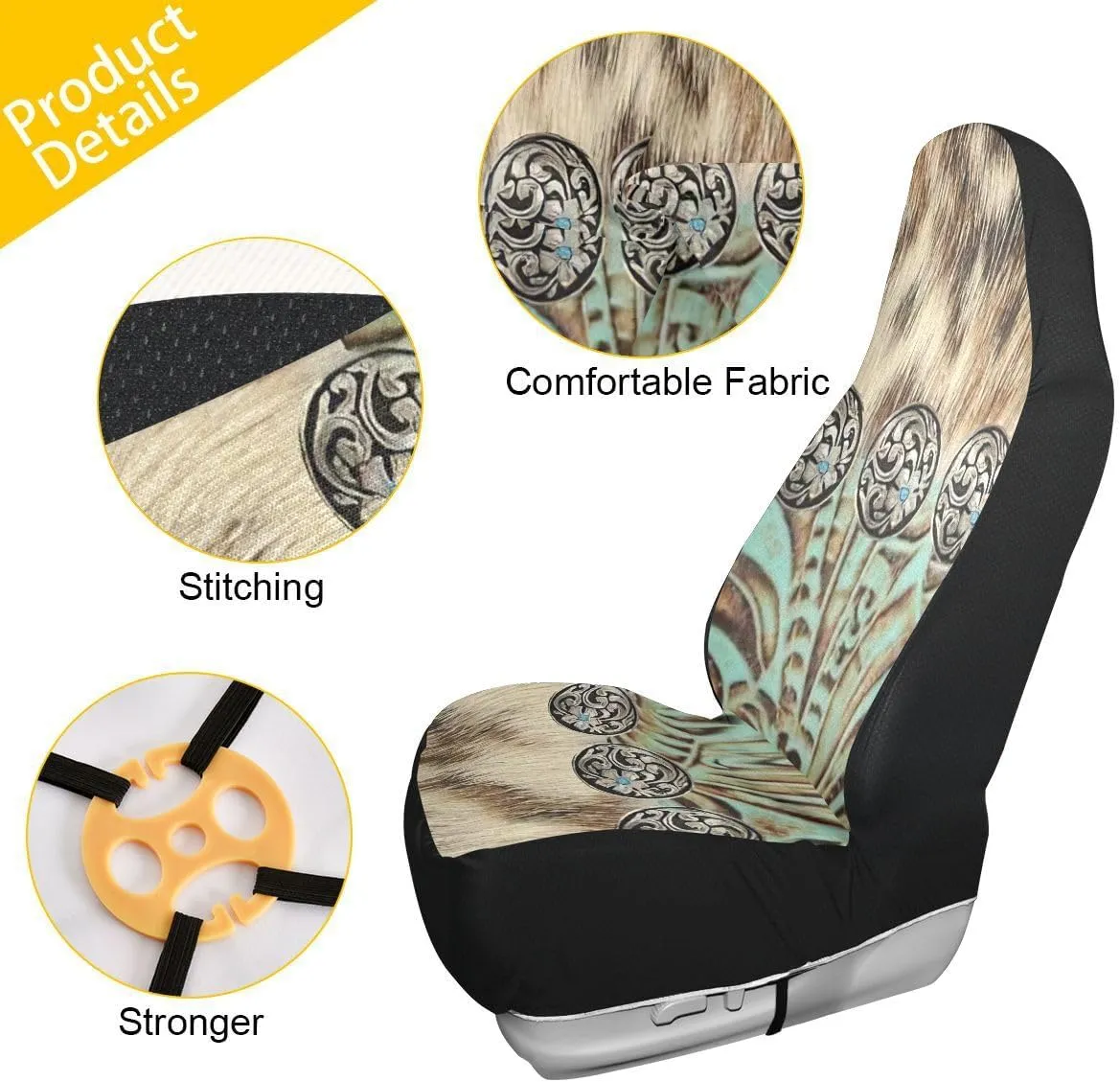Western Car Seat Covers Set of 2,Rustic Brown Beige Teal Western Country Cowboy Tooled Leather Universal Auto Front Seat Cushion Protector for Women Men Cool Car Accessories Fit for Car Truck
