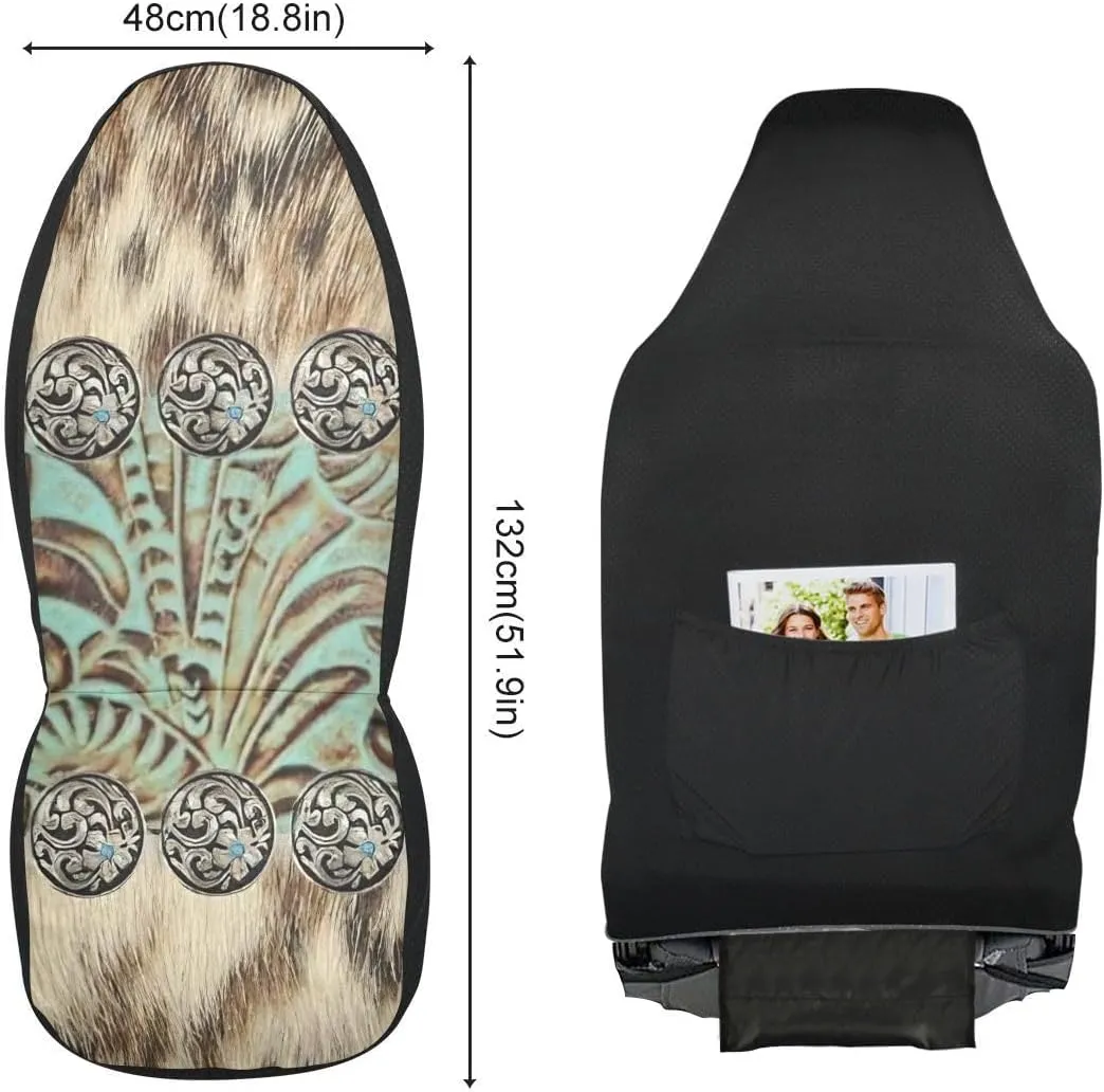 Western Car Seat Covers Set of 2,Rustic Brown Beige Teal Western Country Cowboy Tooled Leather Universal Auto Front Seat Cushion Protector for Women Men Cool Car Accessories Fit for Car Truck