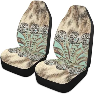 Western Car Seat Covers Set of 2,Rustic Brown Beige Teal Western Country Cowboy Tooled Leather Universal Auto Front Seat Cushion Protector for Women Men Cool Car Accessories Fit for Car Truck