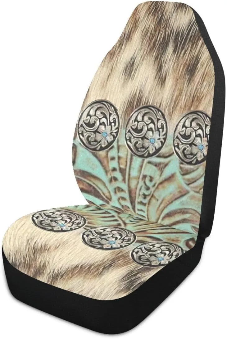 Western Car Seat Covers Set of 2,Rustic Brown Beige Teal Western Country Cowboy Tooled Leather Universal Auto Front Seat Cushion Protector for Women Men Cool Car Accessories Fit for Car Truck