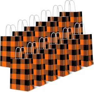 Whaline 20 Pieces Thanksgiving Fall Halloween Paper Bags Orange Black Buffalo Plaid Kraft Party Bags with Handle Party Favor Gift Bag Candy Treat Bag for Autumn Thanksgiving Halloween Wedding