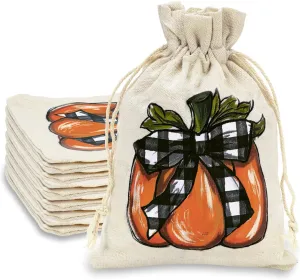 Whaline 24 Pack Fall Burlap Bags Pumpkin Drawstring Bags Watercolor Plaid Pumpkin Gift Bag Autumn Harvest Linen Jute Goody Bag for Fall Thanksgiving Christmas Halloween Party Favor DIY Craft Decor