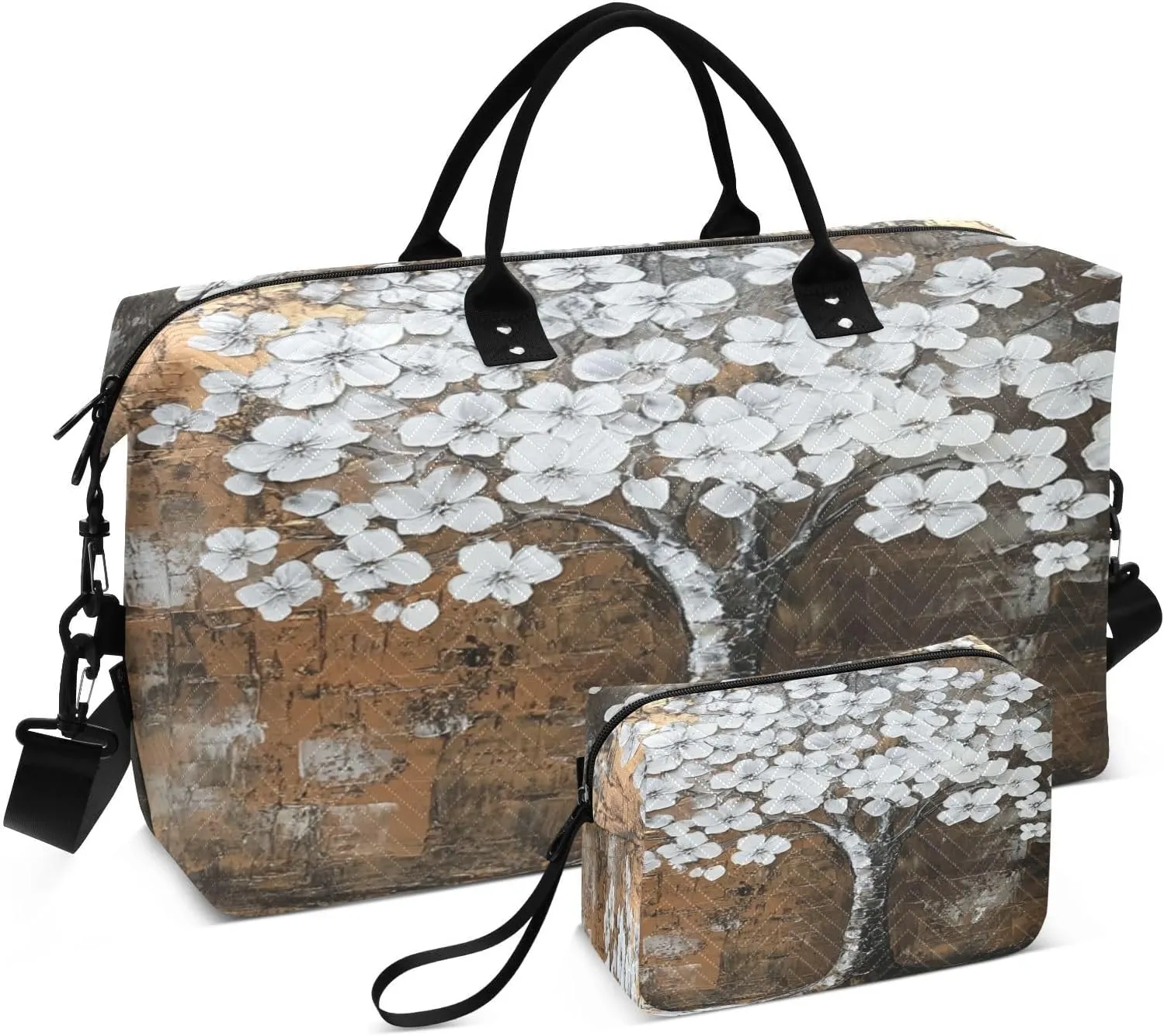 White Blossom Tree Bronze Sports Gym Bag for Women Men Travel Duffel Bag Weekend Overnight Carry on Bag with Toiletry Bag Hospital Bag for Plane Hospital Workout Swimming Yoga