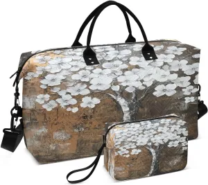 White Blossom Tree Bronze Sports Gym Bag for Women Men Travel Duffel Bag Weekend Overnight Carry on Bag with Toiletry Bag Hospital Bag for Plane Hospital Workout Swimming Yoga