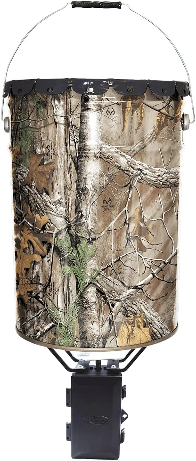 WILDGAME INNOVATIONS Quick-Set 50 lb Bucket Feeder with PCell Timer Hanging Game Feeder for Corn & Pellet Feed with 1-2 Available Feed Times & 30 ft Radius