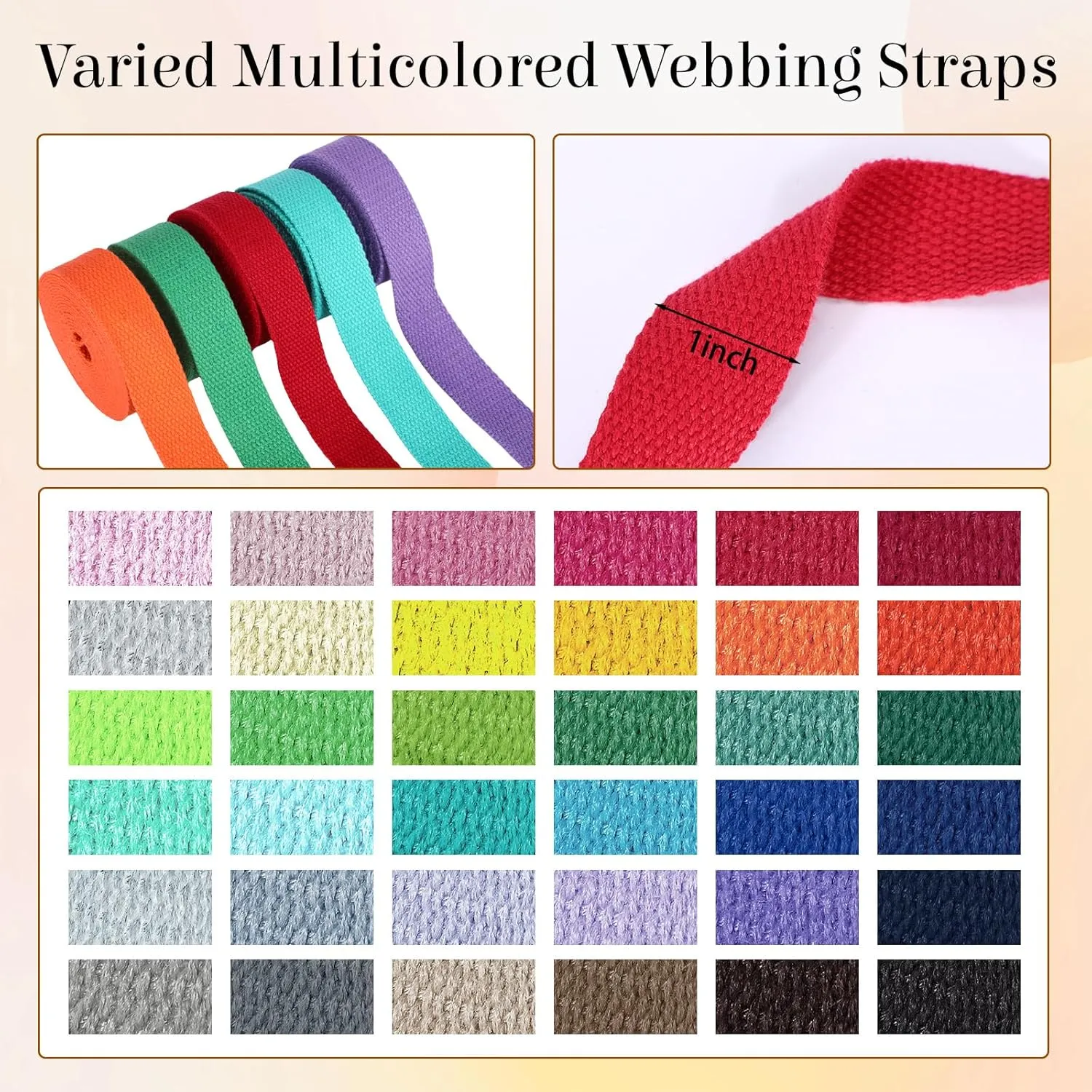 Windyun 36 Rolls Heavy Cotton Webbing 118.8 Yard 36 Color Mixed Polyester Cotton Webbing Strap Tote Bags Leash Straps for Making Bag Handles, Cloth Belt, Crafts Outdoor Accessories Supplies