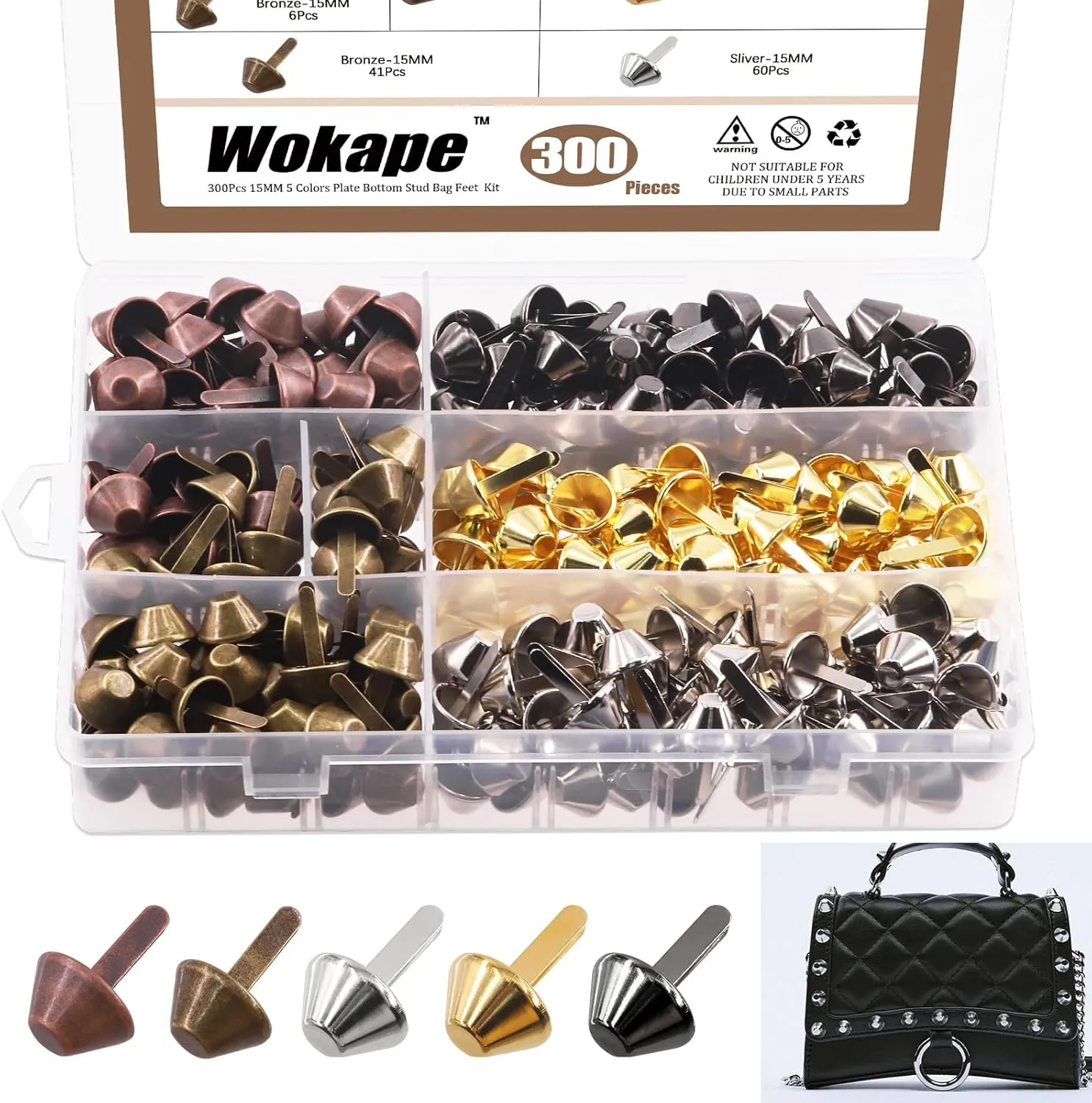 Wokape 300 Pcs Plate Bottom Stud Bag Feet Cone - 3/5"- 15mm 5 Colors Spikes for Handbag Purse Feet Barrel Back Punk Clothing Shoes