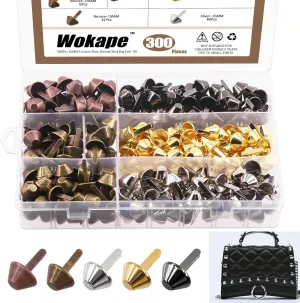 Wokape 300 Pcs Plate Bottom Stud Bag Feet Cone - 3/5"- 15mm 5 Colors Spikes for Handbag Purse Feet Barrel Back Punk Clothing Shoes