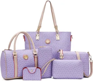 Women 6 Pcs Handbag Tote Stitching Shoulder Bag PU Top Handle Hobo Satchel Purse Clutch Wallet Key Holder
